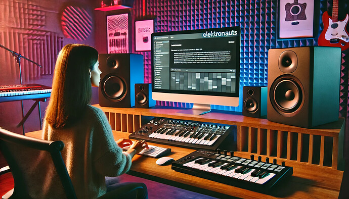 Can you make an image about someone creating thread on elelktronauts.com, in her studio