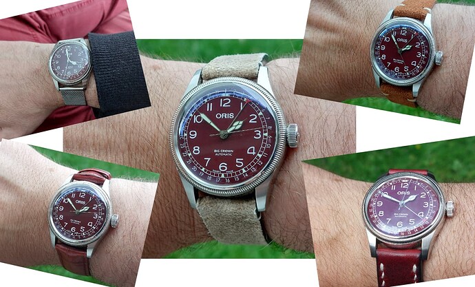 Oris Big Crown Pointer Date Bordeauc collage met banden